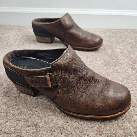 Merrell Oak Brown Leather Womens 7 Mule Clog Shoes Comfort Slip On Block Heel - Picture 2 of 15